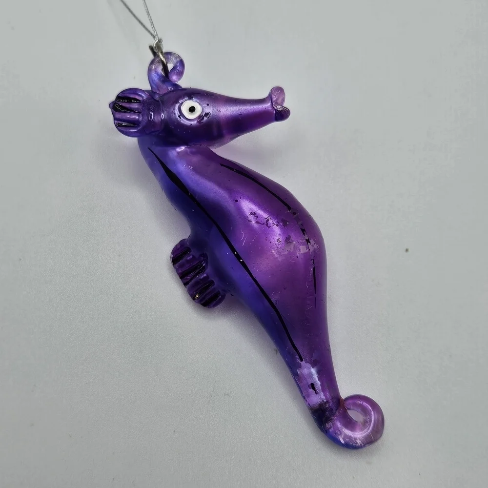 VINTAGE Bright Purple Art Glass Seahorse Christmas Ornament Ocean